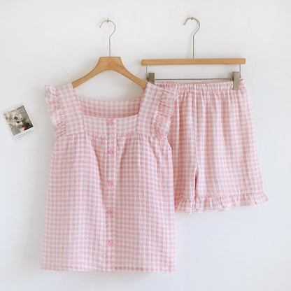 Pyjama-Set aus Baumwolle mit Rüschenärmeln und Vichy-Karo - Rosa - XL - image 17
