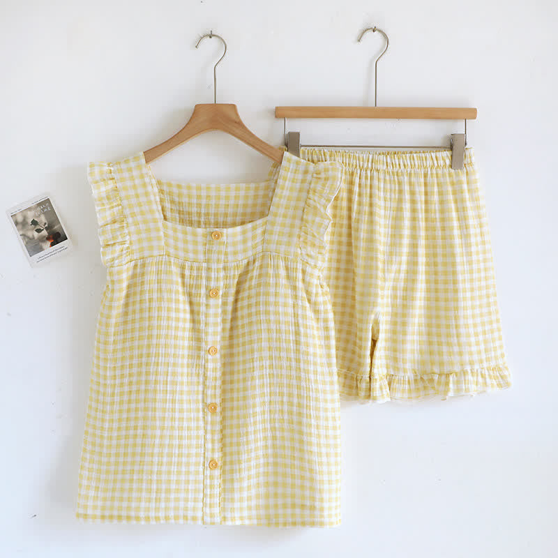 Pyjama-Set aus Baumwolle mit Rüschenärmeln und Vichy-Karo - Gelb - XL - image 2