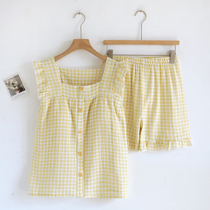 Pyjama-Set aus Baumwolle mit Rüschenärmeln und Vichy-Karo - Gelb - XL - image 2
