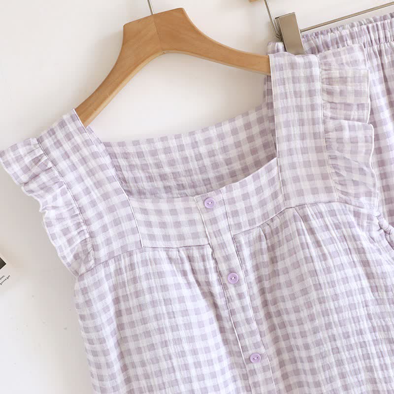 Pyjama-Set aus Baumwolle mit Rüschenärmeln und Vichy-Karo - image 7