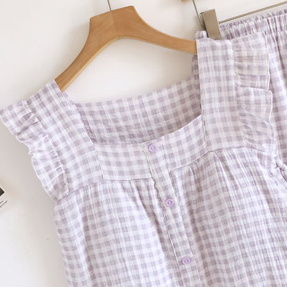 Pyjama-Set aus Baumwolle mit Rüschenärmeln und Vichy-Karo - image 7