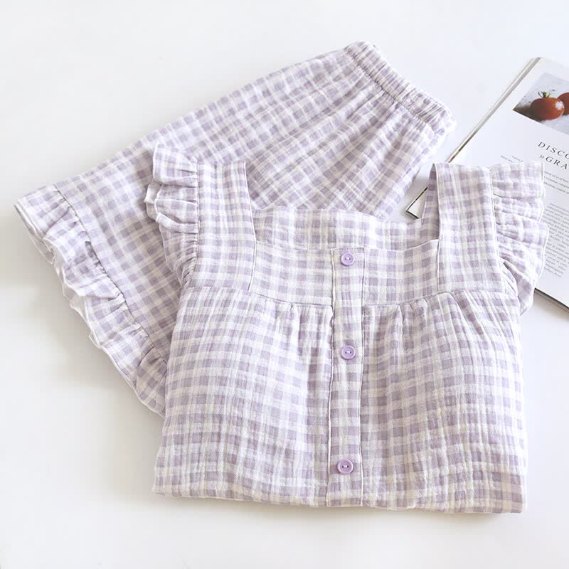 Pyjama-Set aus Baumwolle mit Rüschenärmeln und Vichy-Karo - image 5