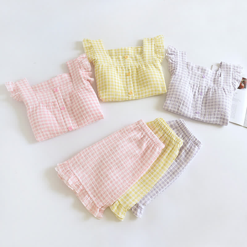Pyjama-Set aus Baumwolle mit Rüschenärmeln und Vichy-Karo - image 1