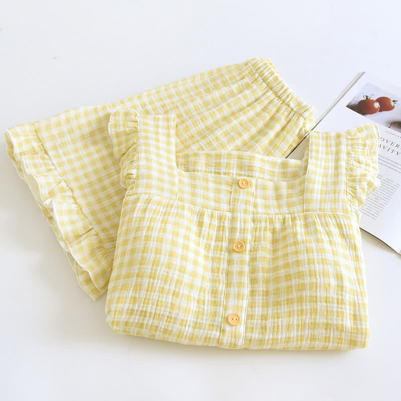 Pyjama-Set aus Baumwolle mit Rüschenärmeln und Vichy-Karo - image 3