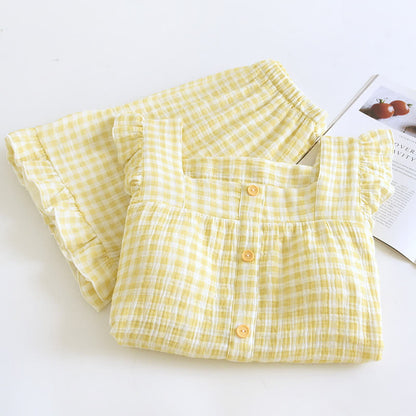 Pyjama-Set aus Baumwolle mit Rüschenärmeln und Vichy-Karo - image 3