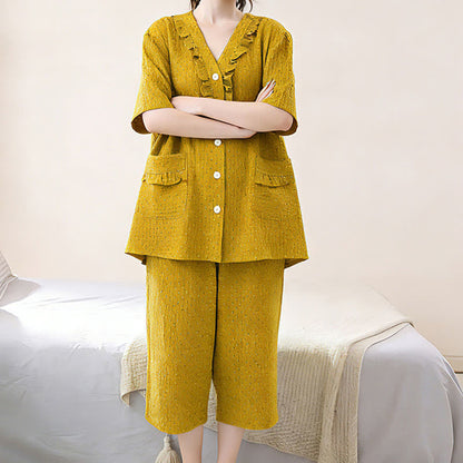 Senffarbenes Baumwoll-Loungewear-Set mit Rüschen - image 2