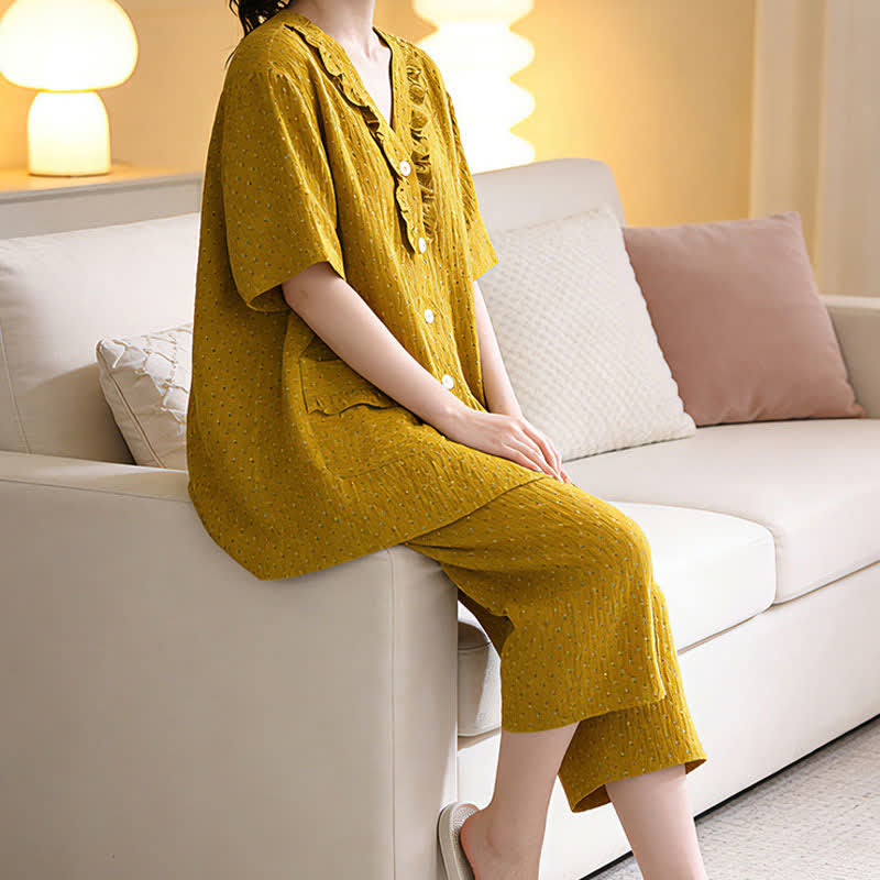 Senffarbenes Baumwoll-Loungewear-Set mit Rüschen - image 5