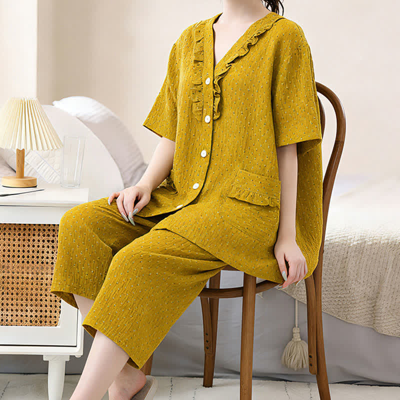 Senffarbenes Baumwoll-Loungewear-Set mit Rüschen - image 4