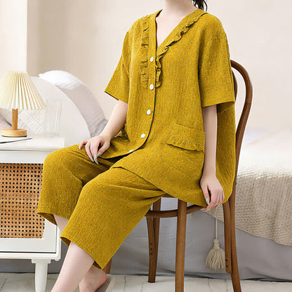 Senffarbenes Baumwoll-Loungewear-Set mit Rüschen - image 4