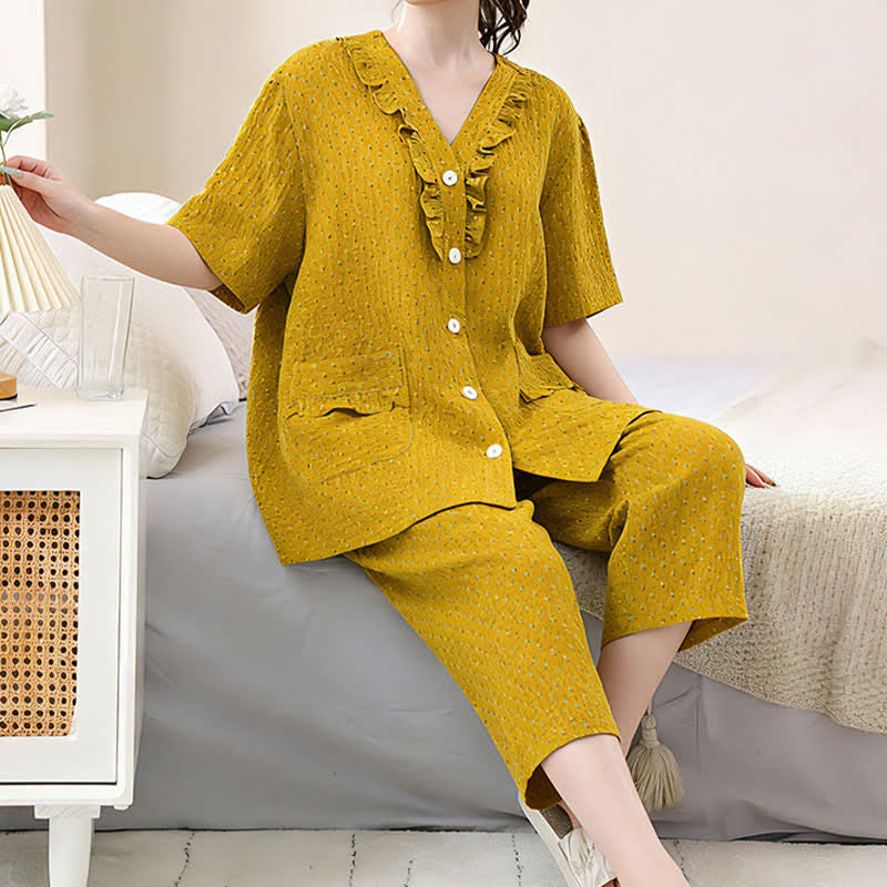 Senffarbenes Baumwoll-Loungewear-Set mit Rüschen - image 3