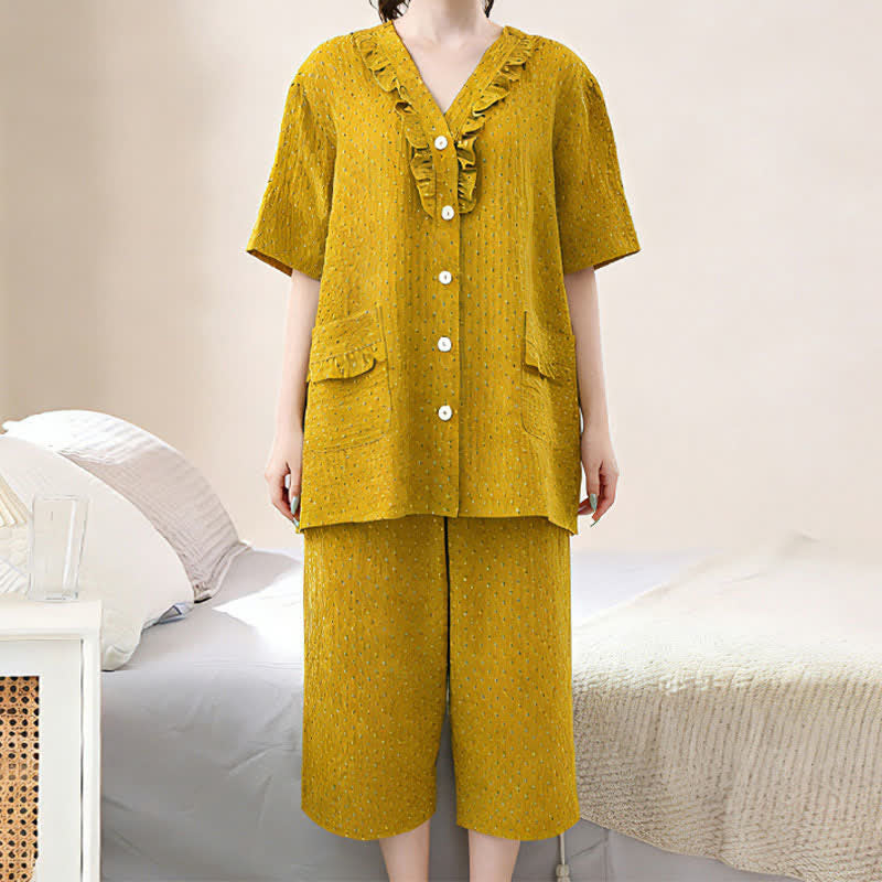 Senffarbenes Baumwoll-Loungewear-Set mit Rüschen - image 1