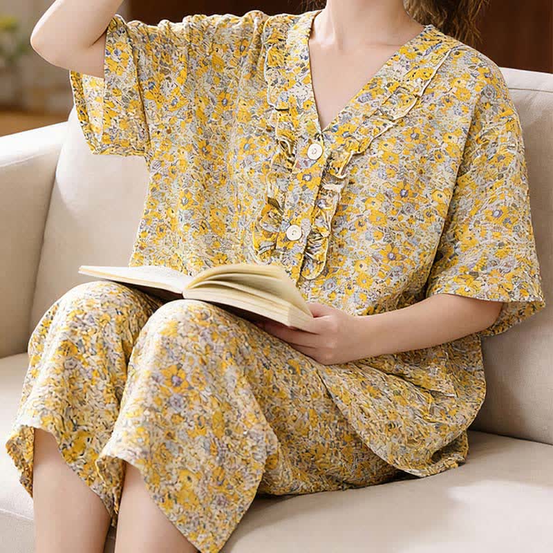Gelbes Loungewear-Set aus Baumwolle mit Blumenmuster und Rüschen - image 2