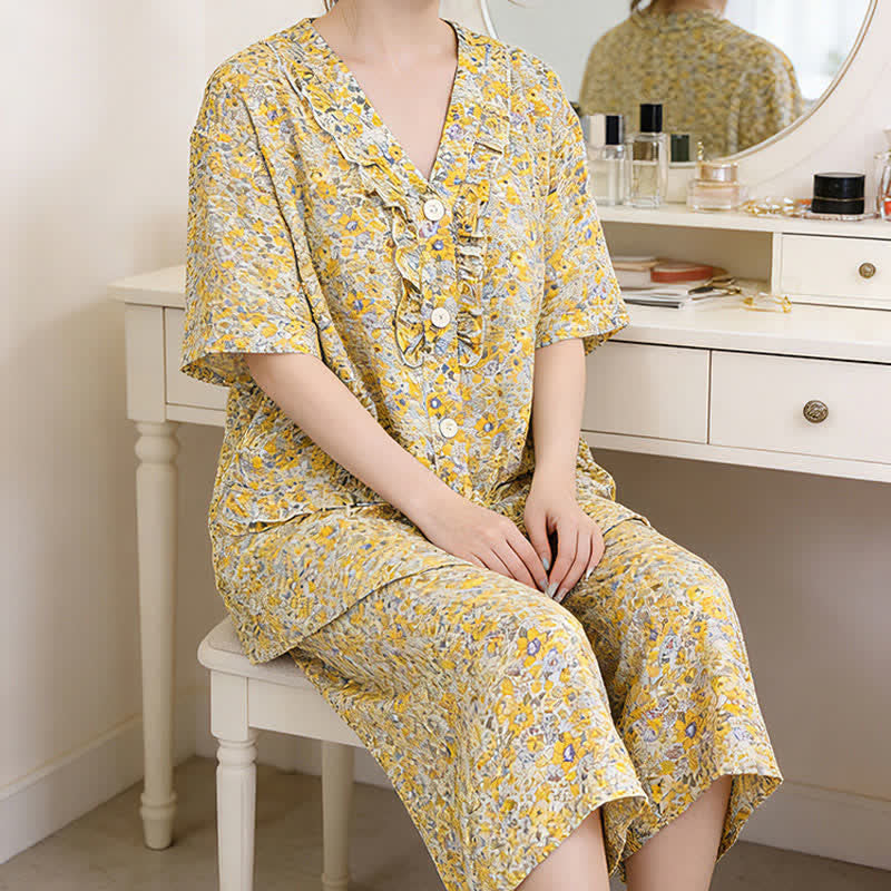 Gelbes Loungewear-Set aus Baumwolle mit Blumenmuster und Rüschen - image 1