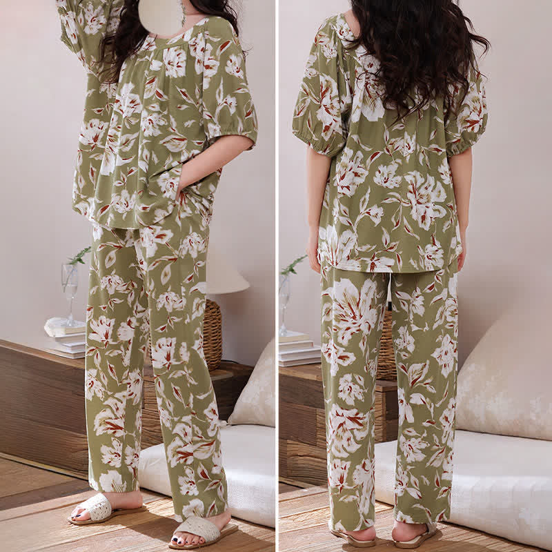 Loungewear-Set aus Baumwolle mit olivgrünem Blumenmuster - image 3
