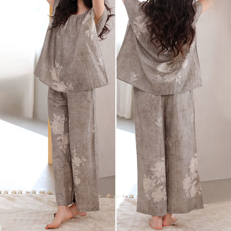 Retro-Pyjama-Set aus Baumwolle mit Blumenmuster - image 3