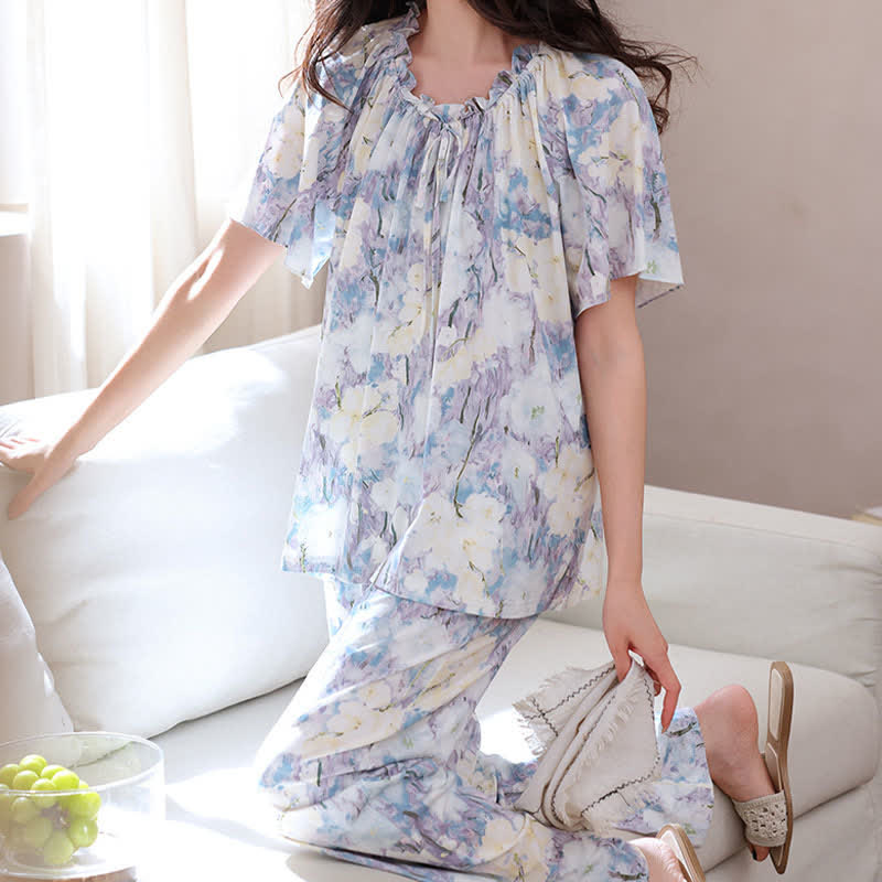Pyjama-Set aus Baumwolle mit Aquarellblumenmuster - image 1