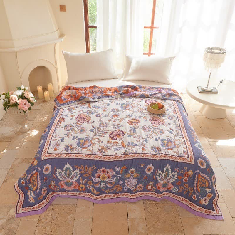 Baumwoll-Steppdecke mit böhmischem Rand und Blumenmuster - 230cm x 250cm - Lila - image 0