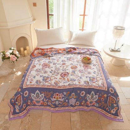 Baumwoll-Steppdecke mit böhmischem Rand und Blumenmuster - 230cm x 250cm - Lila - image 0