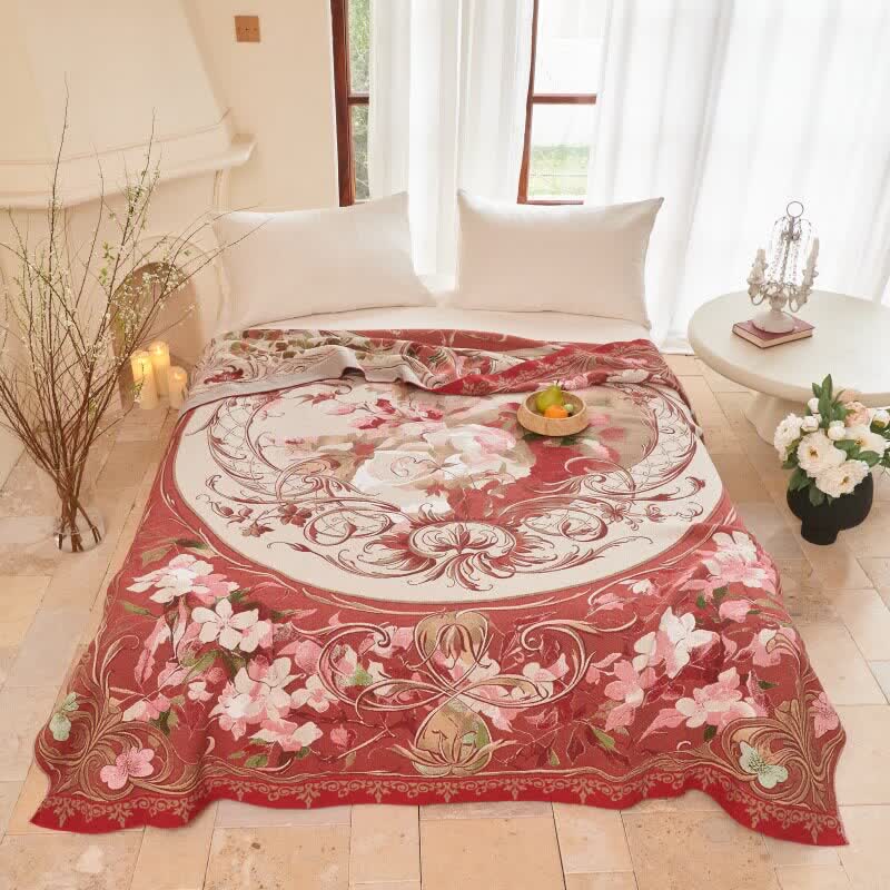 Steppdecke aus Baumwollgaze mit Medaillonmuster und Blumenmuster - 200cm x 230cm - Rot - image 0