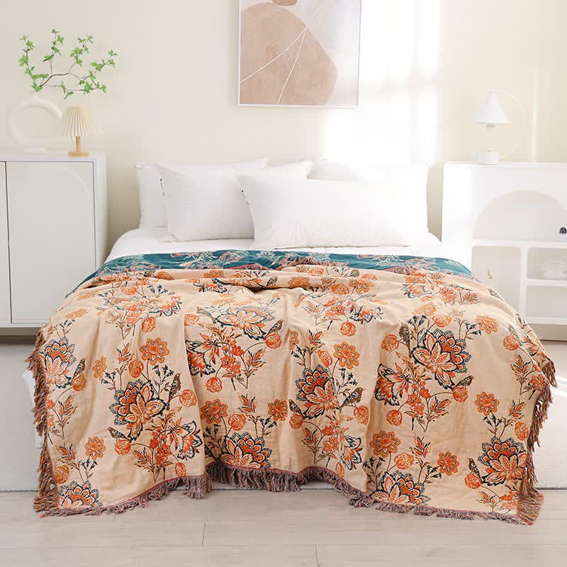 Wende-Steppdecke aus Baumwolle mit Quasten und Blumenmuster - Orange - 200cm x 230cm - image 0