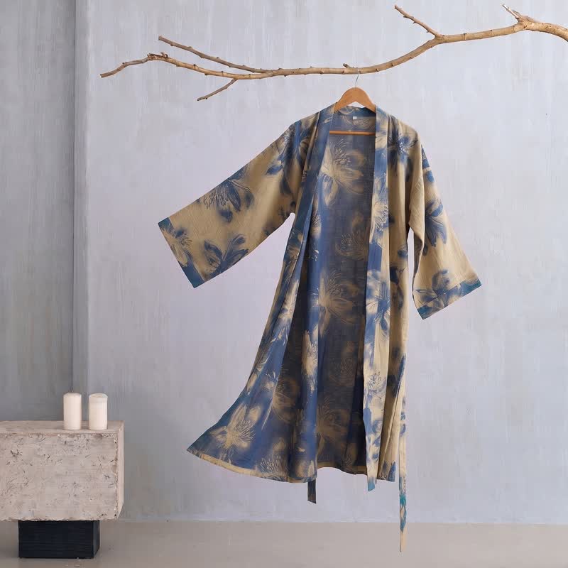 Kimono-Bademantel aus Bio-Baumwolle mit Aquarellblumenmuster - Gelb - 2XL - image 14
