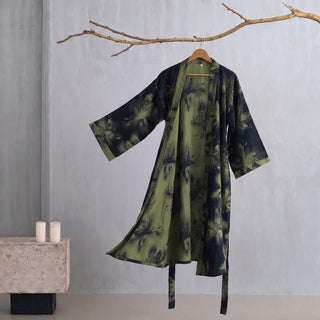 Kimono-Bademantel aus Bio-Baumwolle mit Aquarellblumenmuster - Dunkelgrün - 2XL - image 0