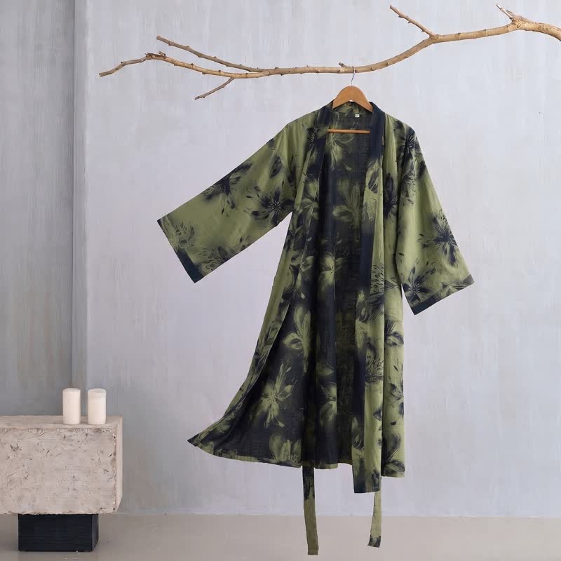 Kimono-Bademantel aus Bio-Baumwolle mit Aquarellblumenmuster - Grün - 2XL - image 21
