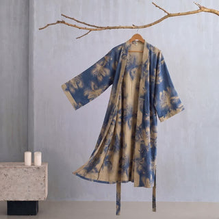 Kimono-Bademantel aus Bio-Baumwolle mit Aquarellblumenmuster - Blau - 2XL - image 0