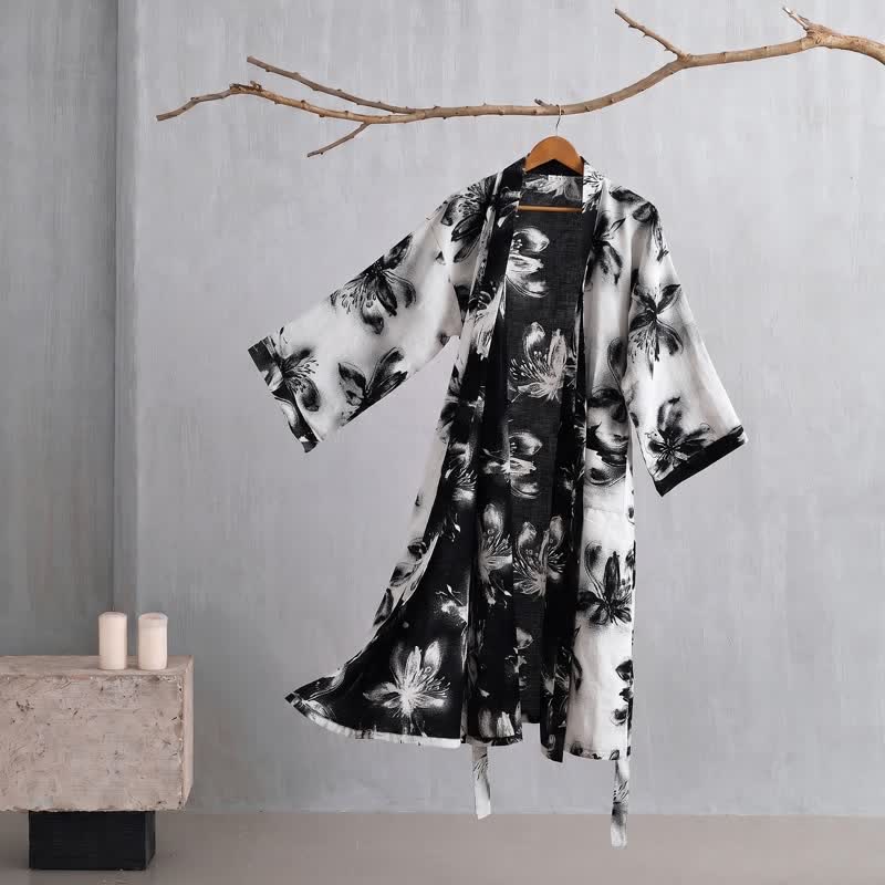 Kimono-Bademantel aus Bio-Baumwolle mit Aquarellblumenmuster - Beige - 2XL - image 31