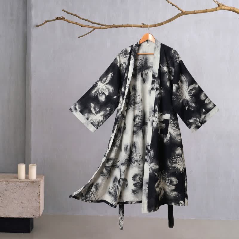 Kimono-Bademantel aus Bio-Baumwolle mit Aquarellblumenmuster - Schwarz - 2XL - image 26