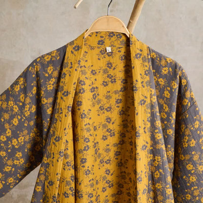 Gelber Kimono-Bademantel aus Baumwollgaze mit Blumenmuster - image 3