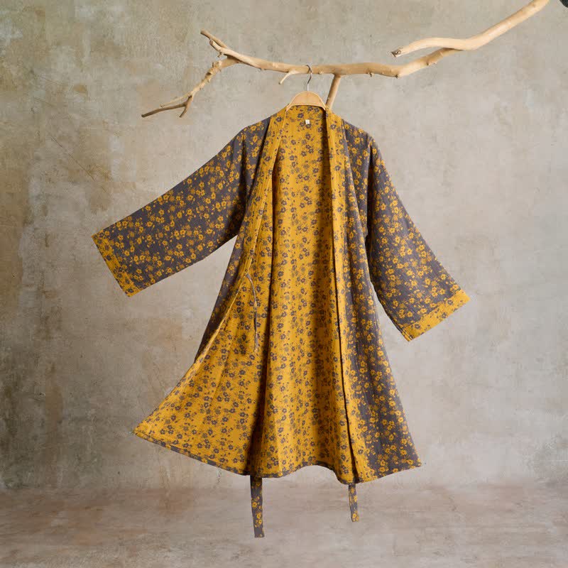Gelber Kimono-Bademantel aus Baumwollgaze mit Blumenmuster - Gelb - L - image 0