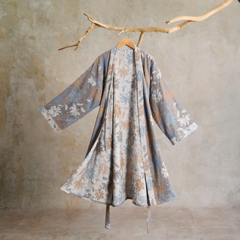 Grauer Kimono-Bademantel aus Baumwollgaze mit Blumenmuster - image 2
