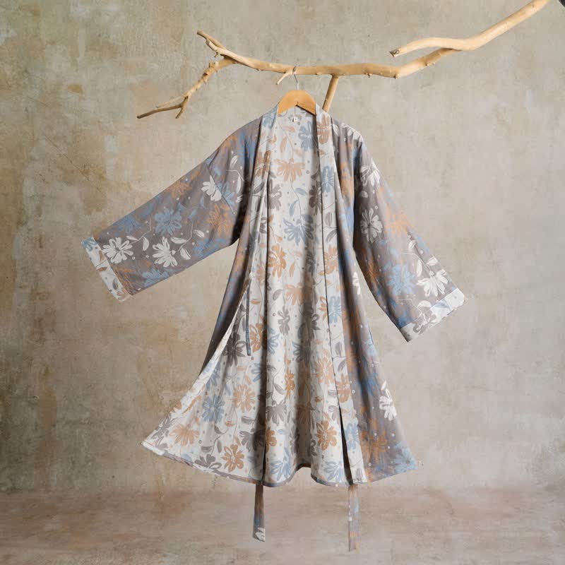 Grauer Kimono-Bademantel aus Baumwollgaze mit Blumenmuster - Grau - L - image 0