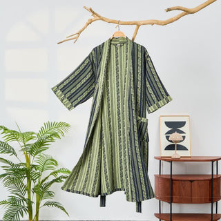 Kimono-Bademantel aus Baumwollgaze mit Blattstreifen - Grün - XL - image 0