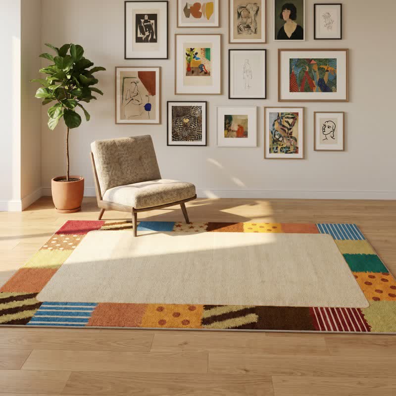 Retro-Patchwork-Teppich mit Bordüre - image 1