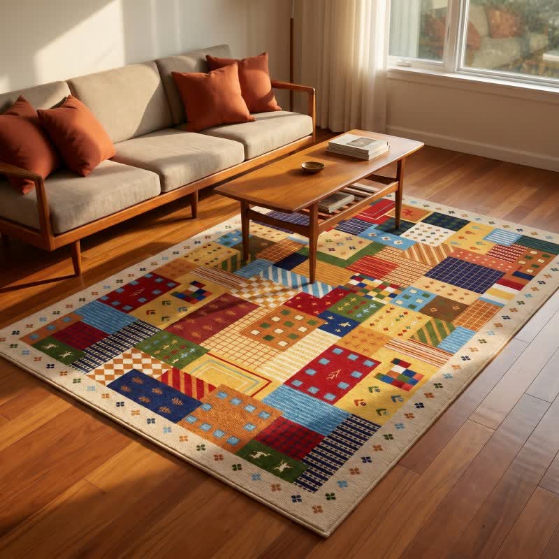 Lebhafter Patchwork-Teppich mit geometrischem Muster - image 1