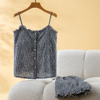 Damenpyjama mit Rüschen-Top und Blumenmuster aus Baumwolle - image 1