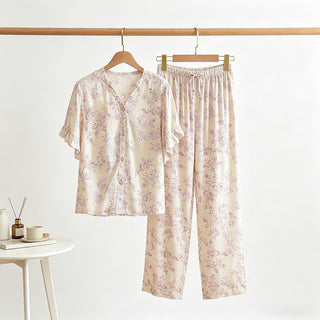 Loungewear-Set mit Lavendel-Blumenmuster und Rüschenärmeln - Lila - L - image 0