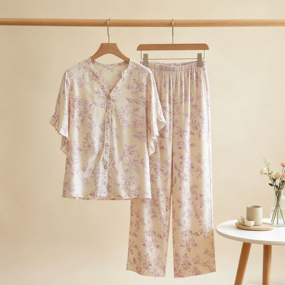 Loungewear-Set mit Lavendel-Blumenmuster und Rüschenärmeln - image 1
