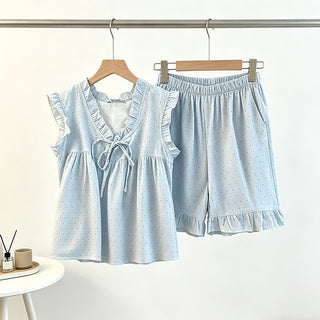 Ärmelloser Damenpyjama mit französischen Pünktchen und Rüschen - Hellblau - XL - image 0