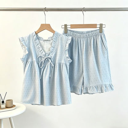 Ärmelloser Damenpyjama mit französischen Pünktchen und Rüschen - Hellblau - XL - image 0