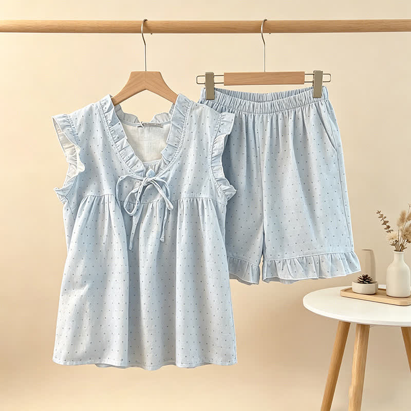 Ärmelloser Damenpyjama mit französischen Pünktchen und Rüschen - image 1