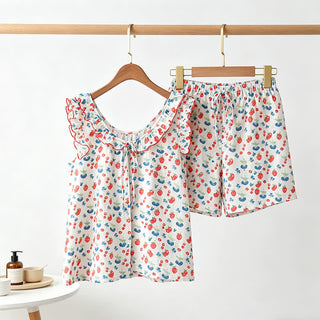 Damenpyjama aus Baumwollgaze mit Rüschen und Früchtemotiven - Weiß - M - image 0