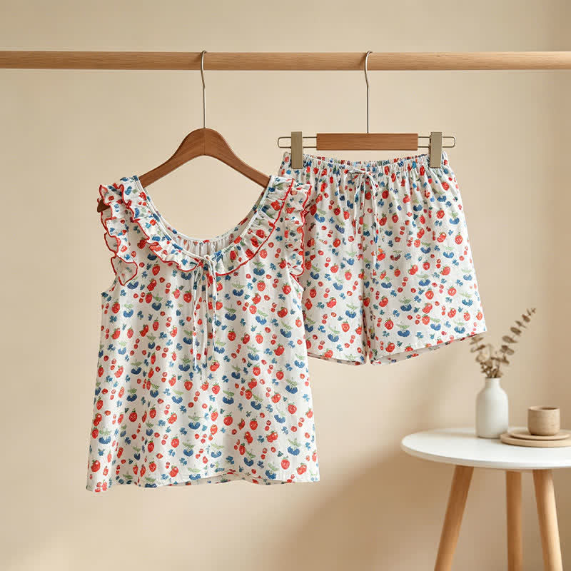 Damenpyjama aus Baumwollgaze mit Rüschen und Früchtemotiven - image 1