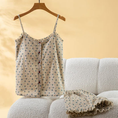 Blauer Damen-Pyjama aus Baumwolle mit Blumenmuster und Rüschen - image 1