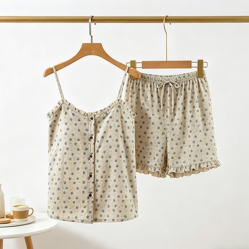 Blauer Damen-Pyjama aus Baumwolle mit Blumenmuster und Rüschen - image 2