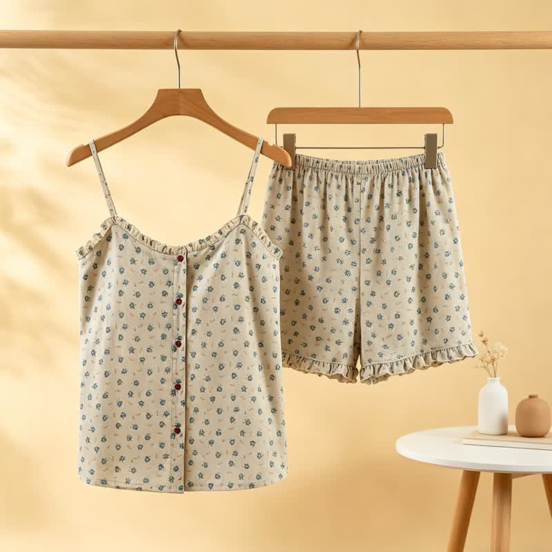 Blauer Damen-Pyjama aus Baumwolle mit Blumenmuster und Rüschen - image 0