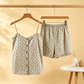 Blauer Damen-Pyjama aus Baumwolle mit Blumenmuster und Rüschen - image 0