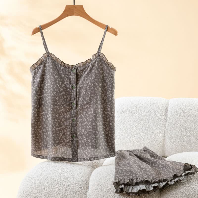 Pyjama-Set aus geblümtem Baumwoll-Top mit Rüschen - image 1